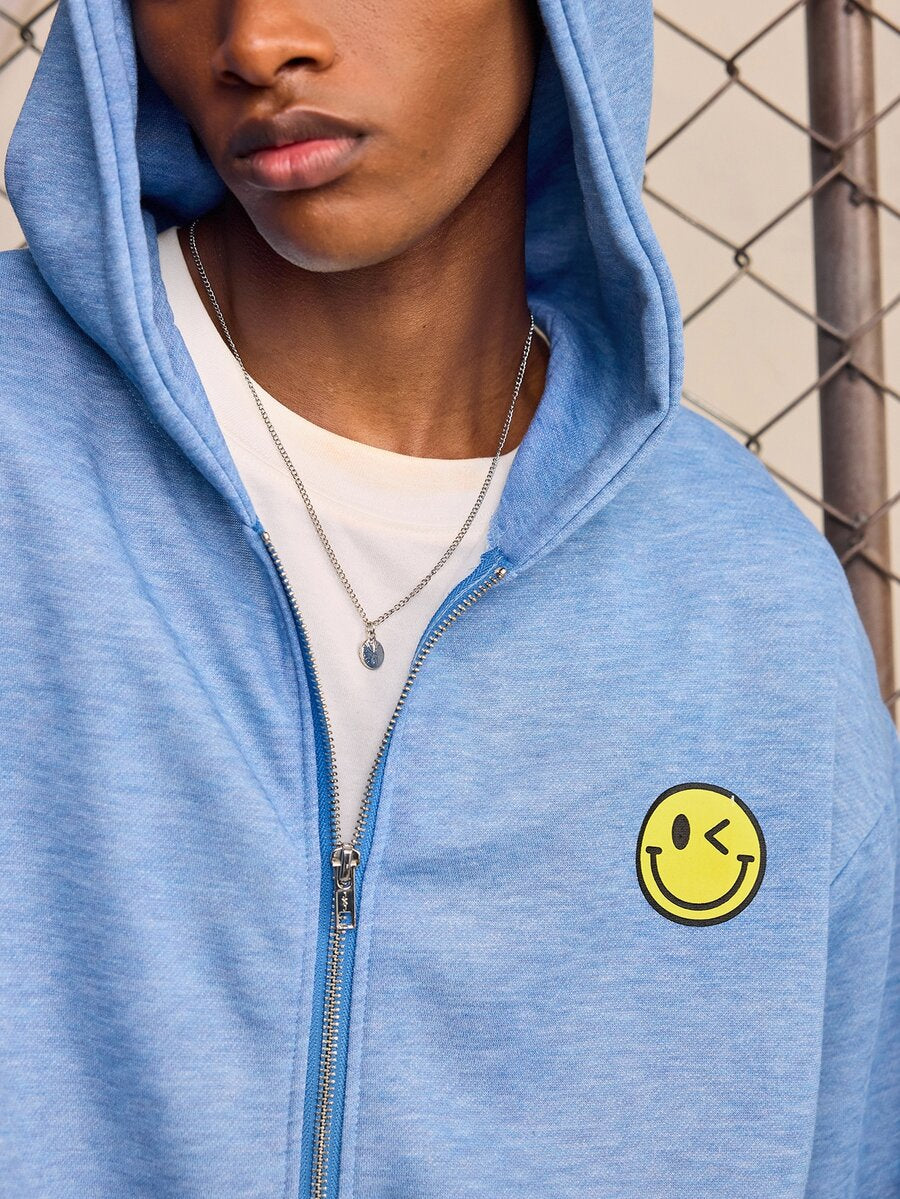 ROMWE MEN S.W.Smiley X ROMWE Men's Smiling Face Hooded Loose Fit Sweatshirt
