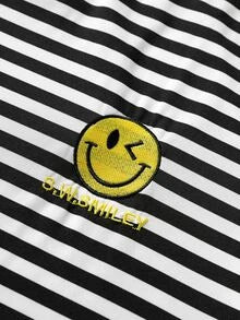 ROMWE MEN S.W.Smiley X ROMWE SwSmiley IP Collaboration, Men's Striped Embroidered Pattern T-Shirt, Casual College Streetwear