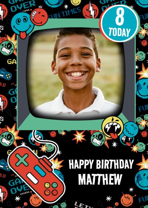 SmileyWorld® Eight Today Photo Upload Gamer Birthday Card