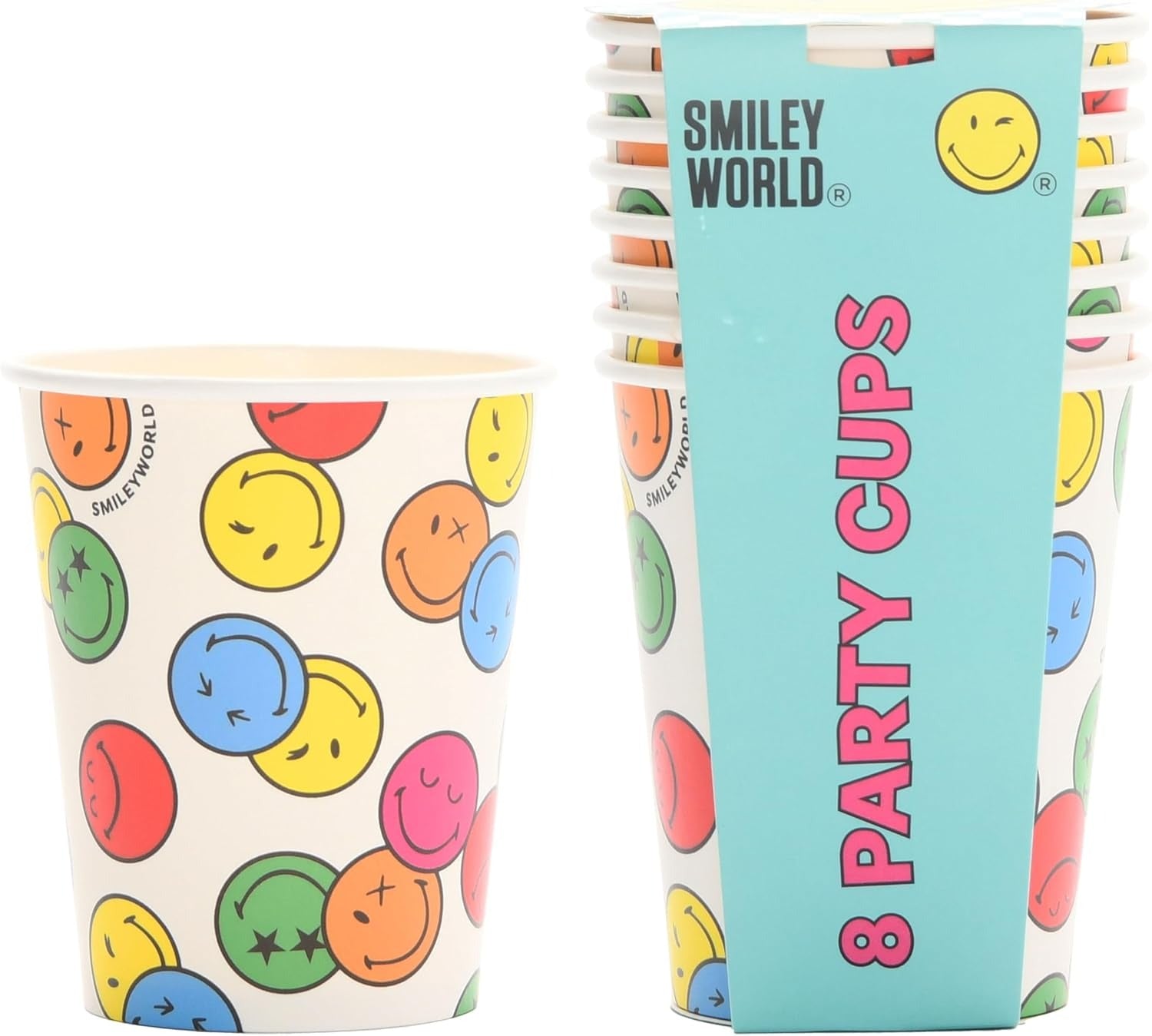 UK Greetings | Party Assortment Bundle | 16 Paper Plates & Cups, 16 Paper Bags, 40 Napkins, 1 Banner | Smiley World Design