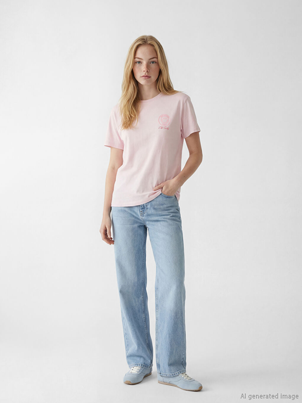 XSIDE Pink Crew Neck S.W. Smiley  Print Women's T-Shirt