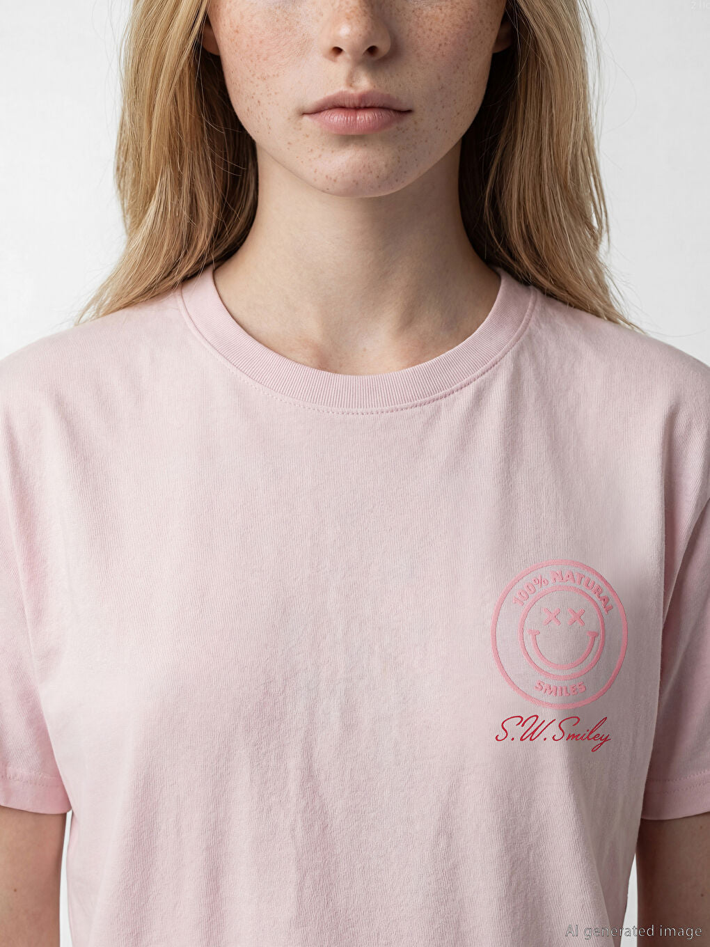 XSIDE Pink Crew Neck S.W. Smiley  Print Women's T-Shirt