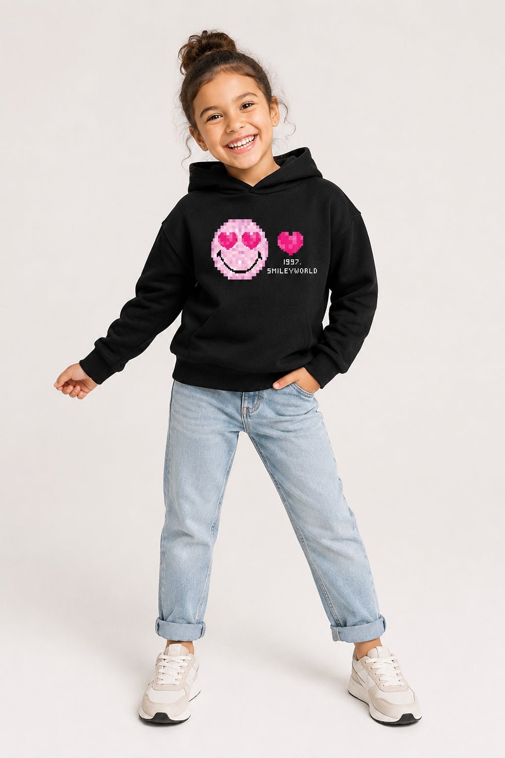 Smiley Girls Black Hoodie with Smiley Print