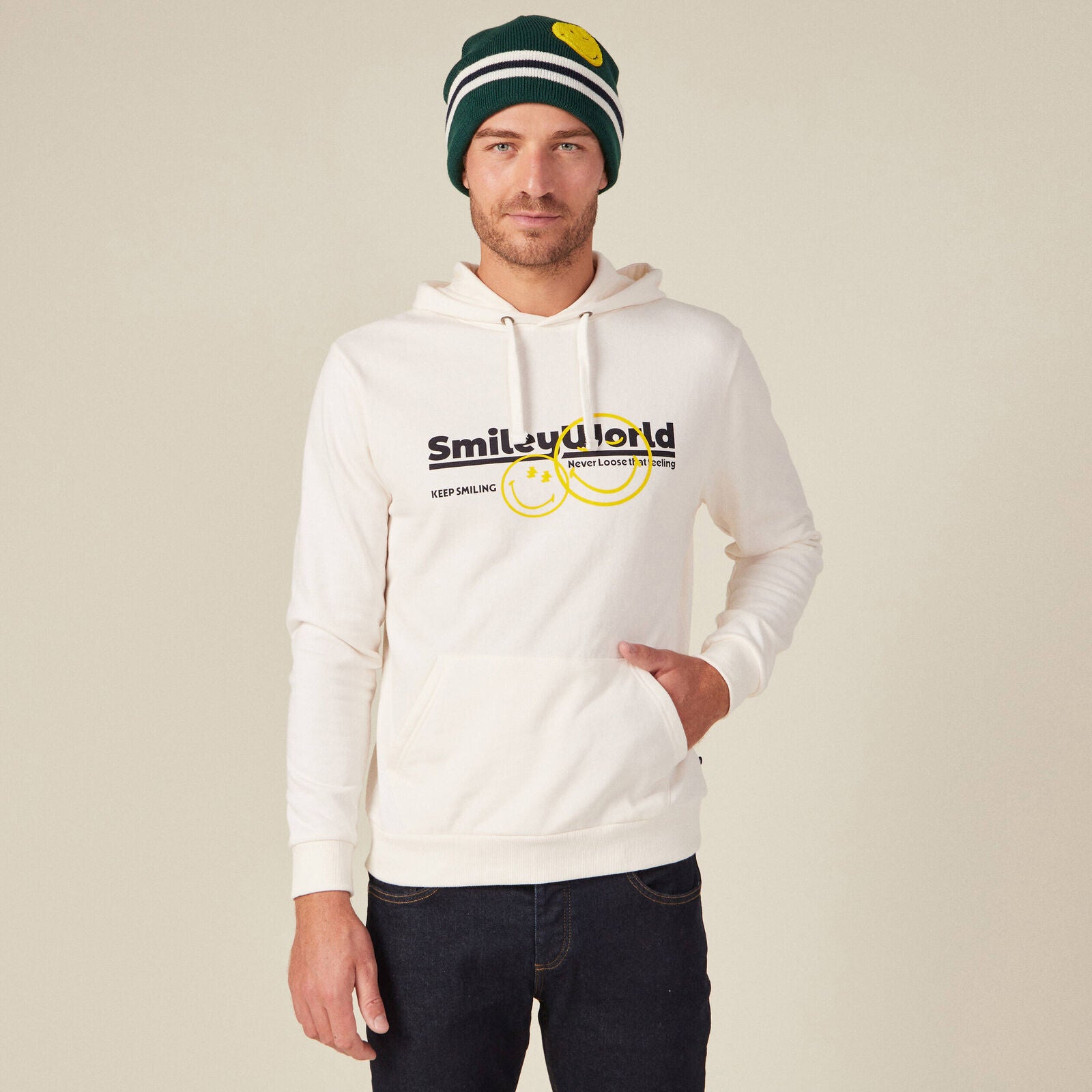 Ecrufarbener SmileyWorld-Kapuzenpullover für Herren