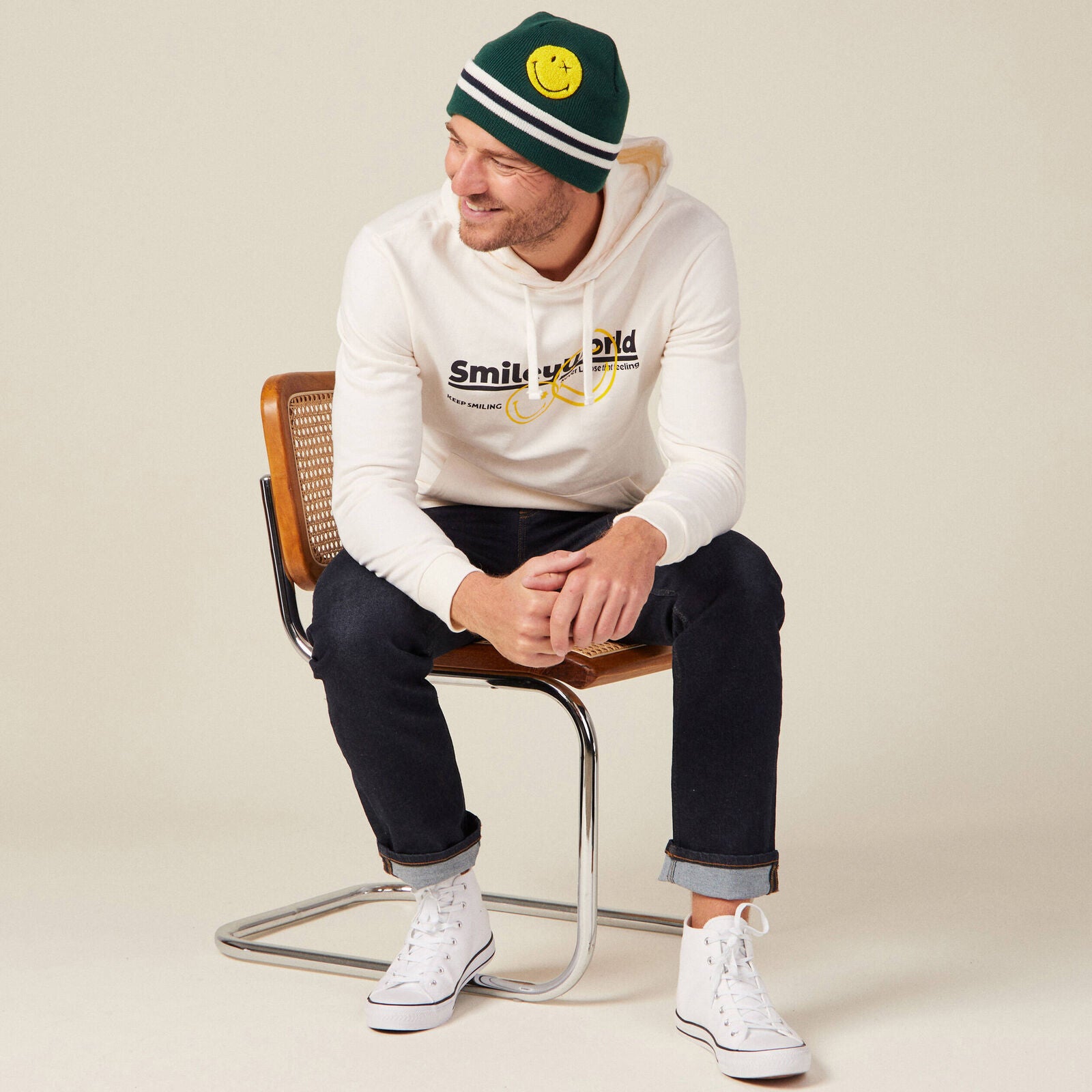 Ecrufarbener SmileyWorld-Kapuzenpullover für Herren