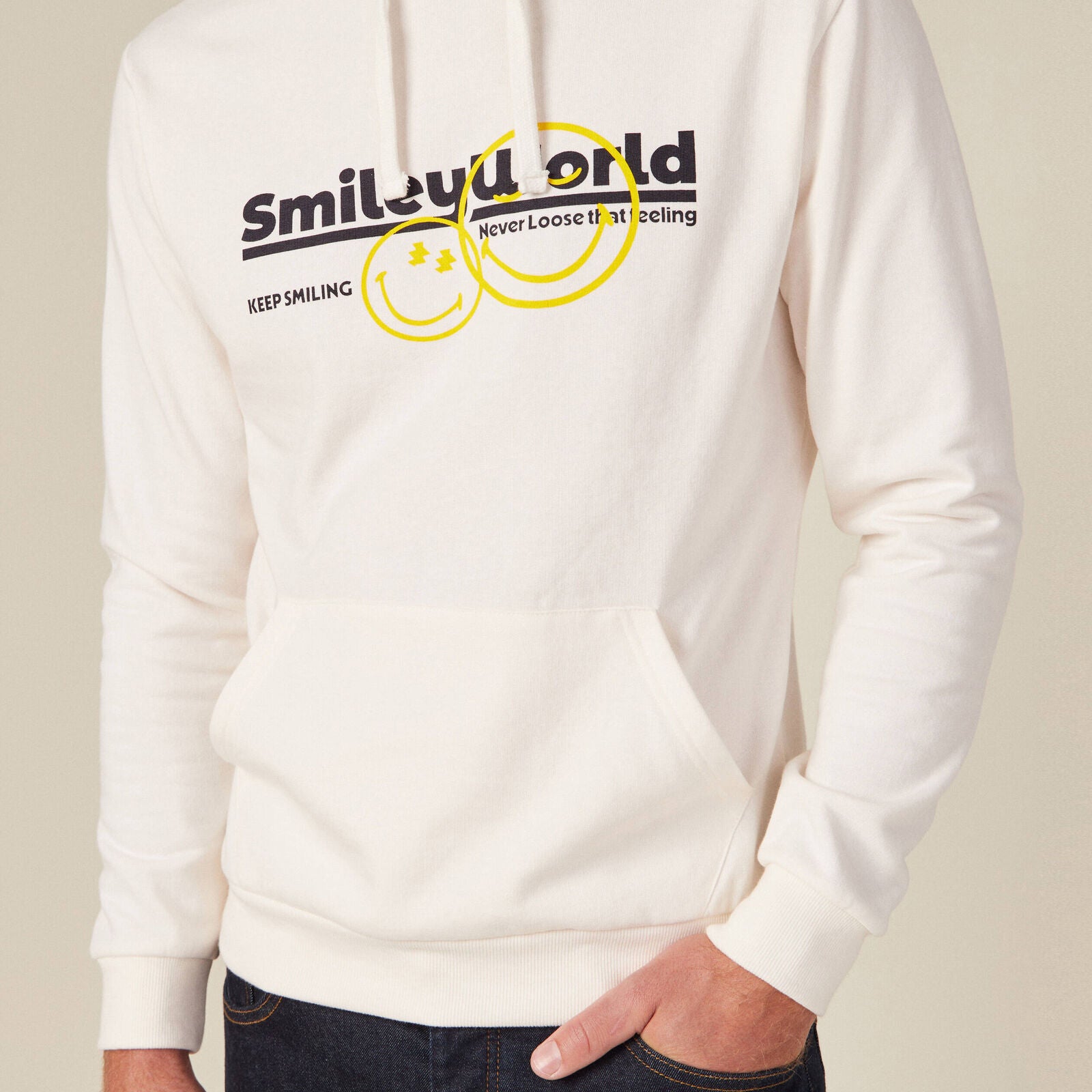 Ecrufarbener SmileyWorld-Kapuzenpullover für Herren